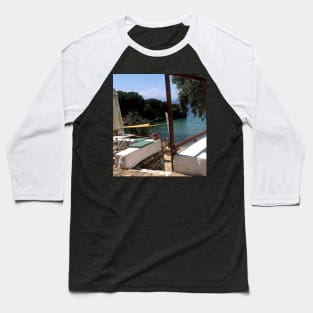 Paradise view on blue sea and beach from Mediterranean balcony in Greece Baseball T-Shirt